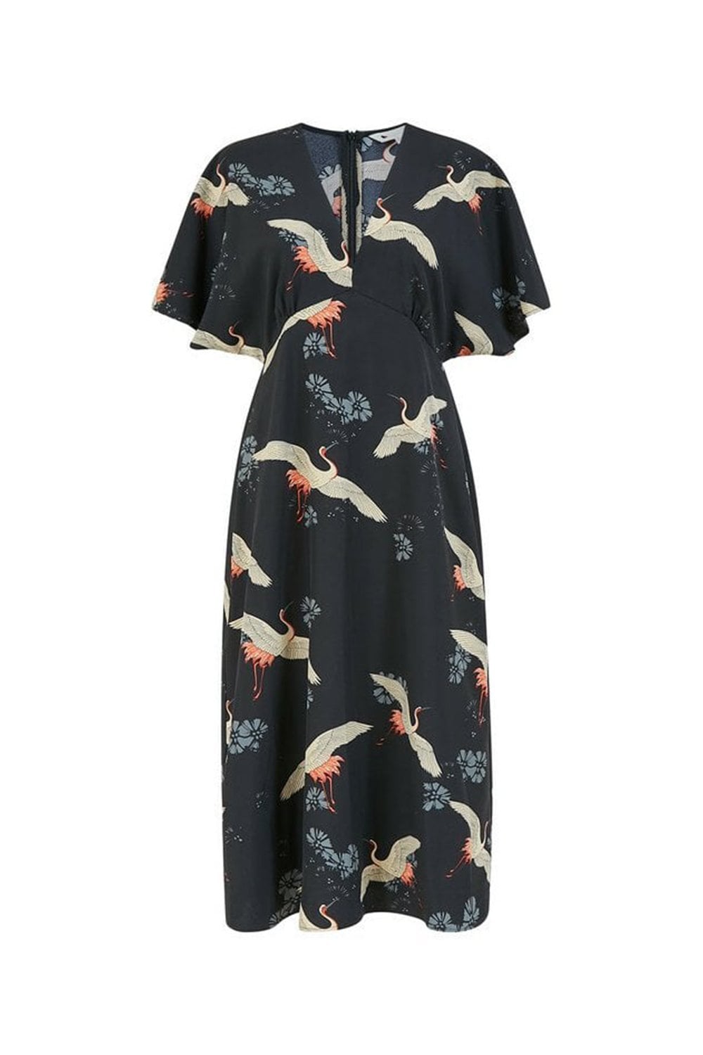 Black Crane Print Kimono Midi Dress Yumi