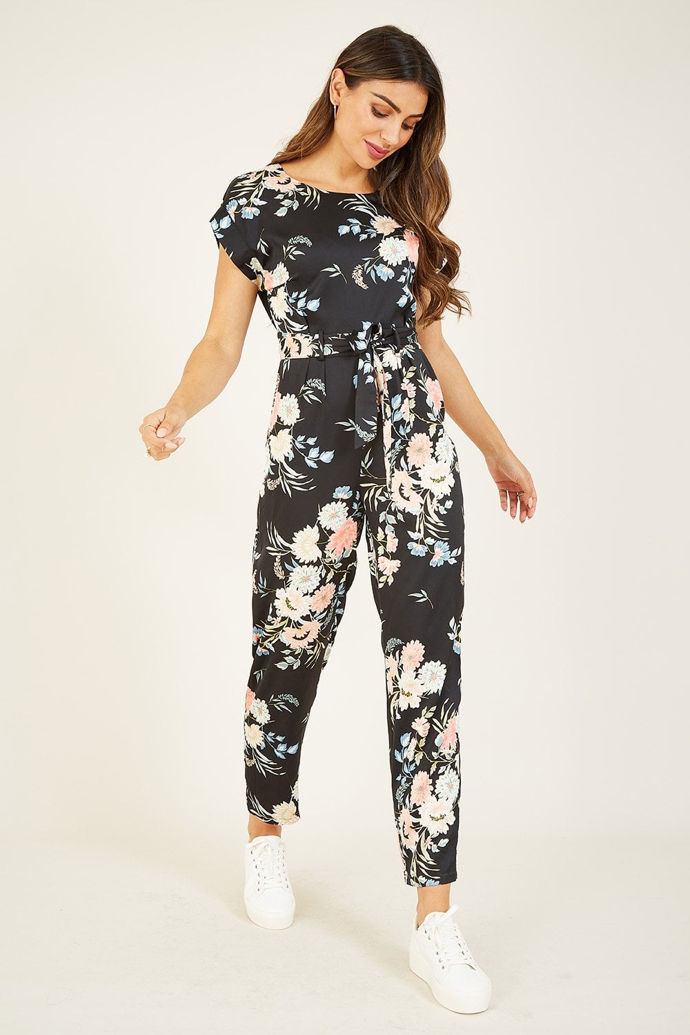 Yumi Black Japanese Floral Tie Jumpsuit Yumi