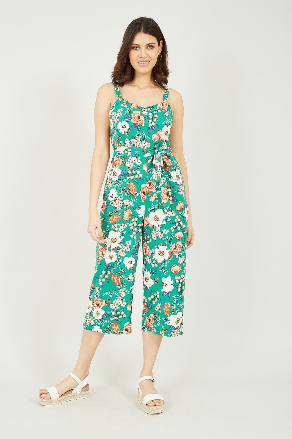 Floral Printed V Neck Culotte Jumpsuit Yumi