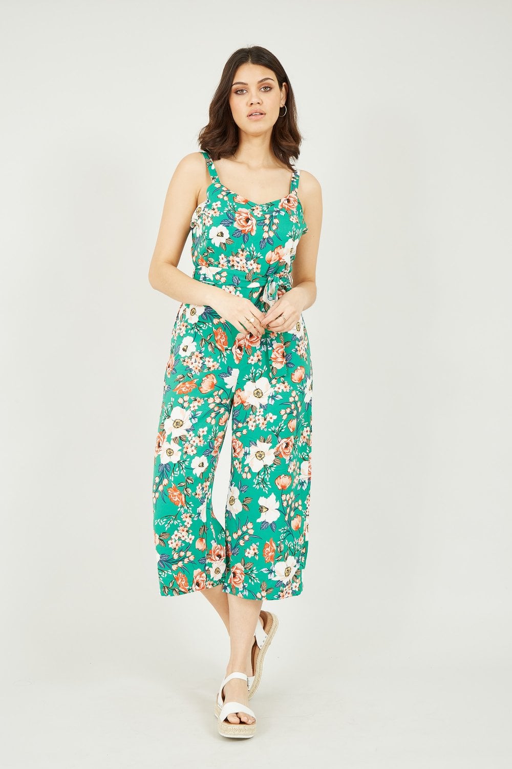 Floral Printed V Neck Culotte Jumpsuit Yumi