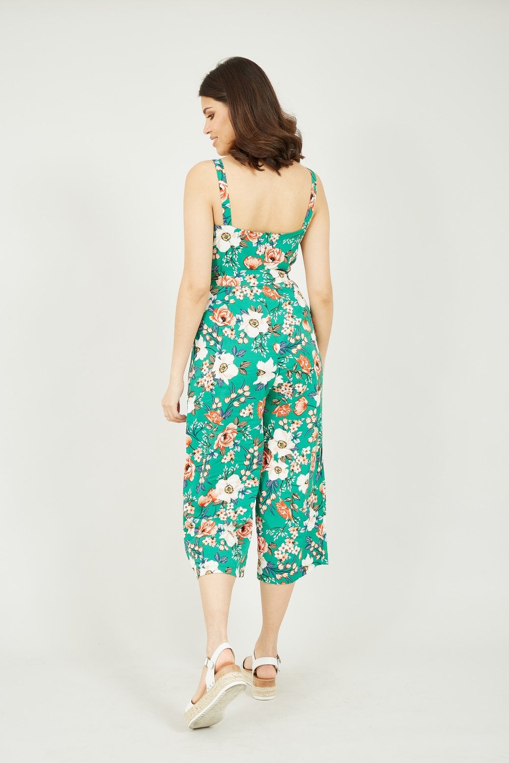 Floral Printed V Neck Culotte Jumpsuit Yumi