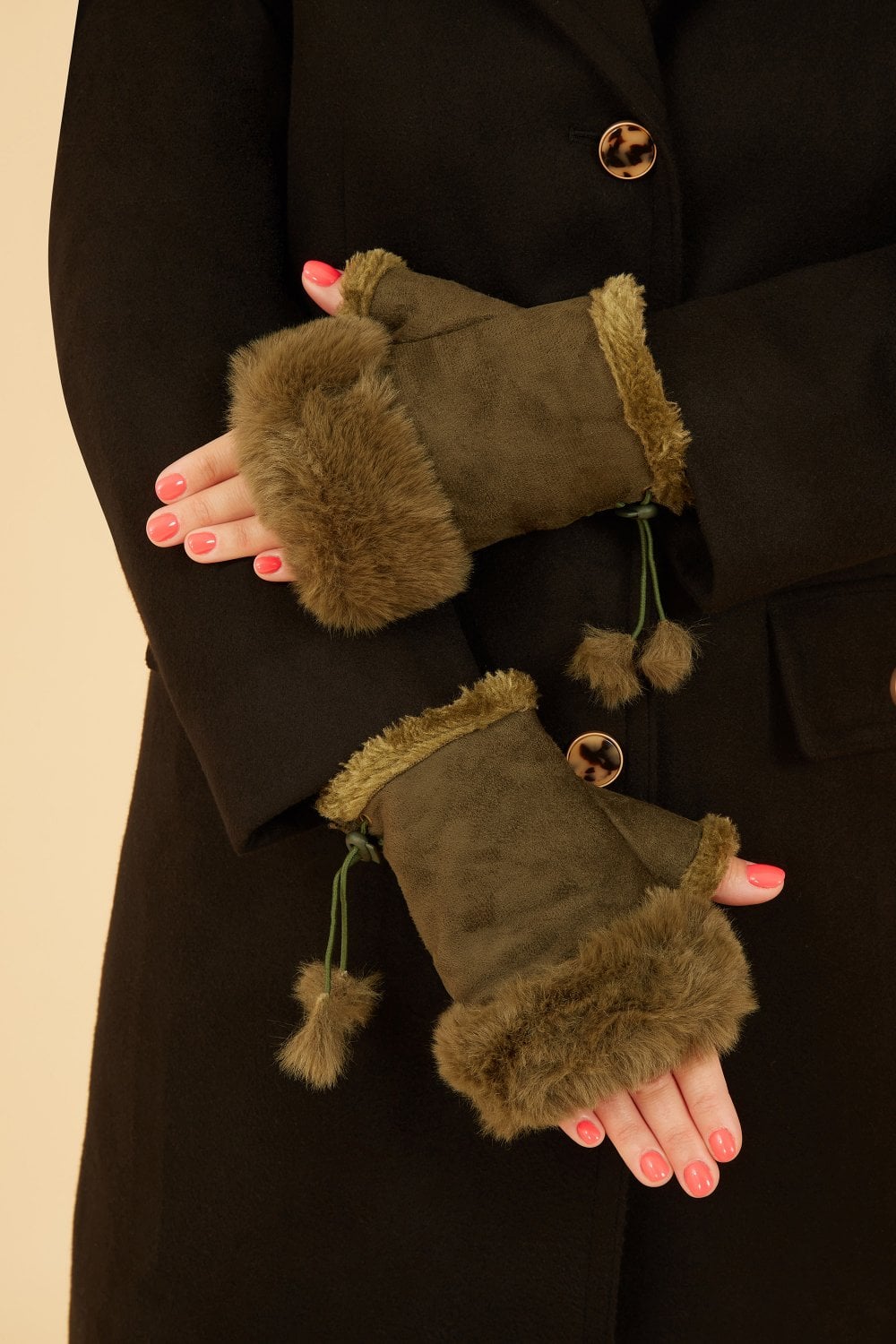 Green Fur Fingerless Suede Mittens Yumi