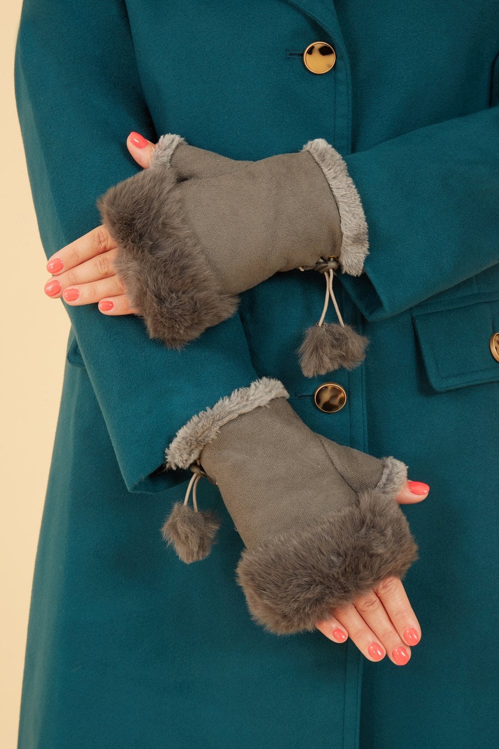 Grey Fur Fingerless Suede Mittens Yumi