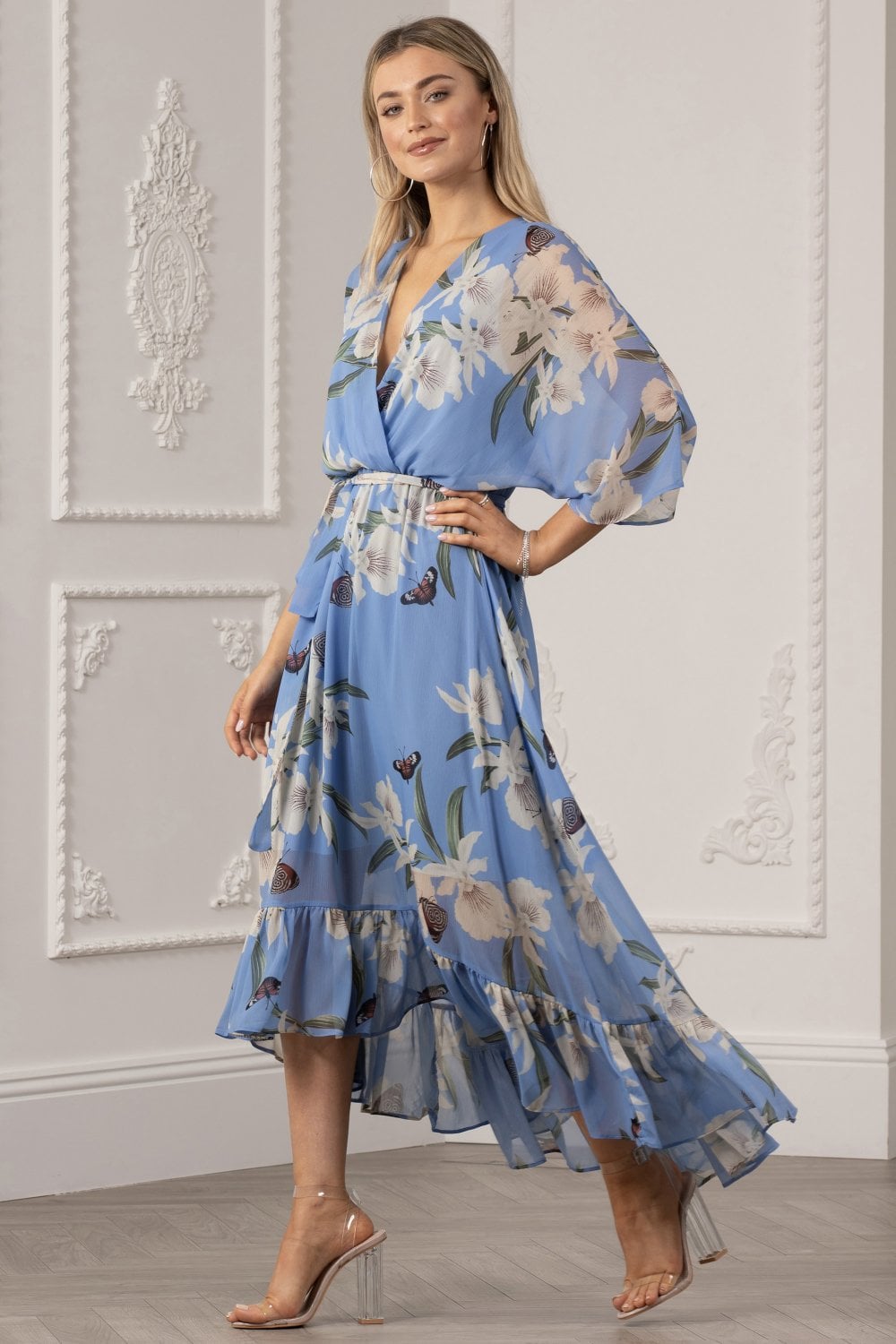 Light Blue Floral Kimono Sleeves Dip Hem Wrap Midi Dress Yumi