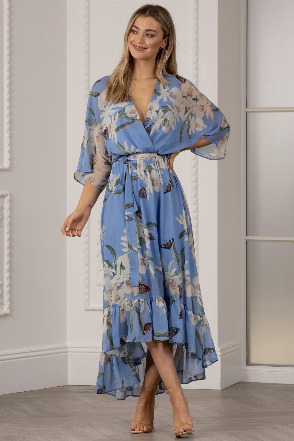 Light Blue Floral Kimono Sleeves Dip Hem Wrap Midi Dress Yumi