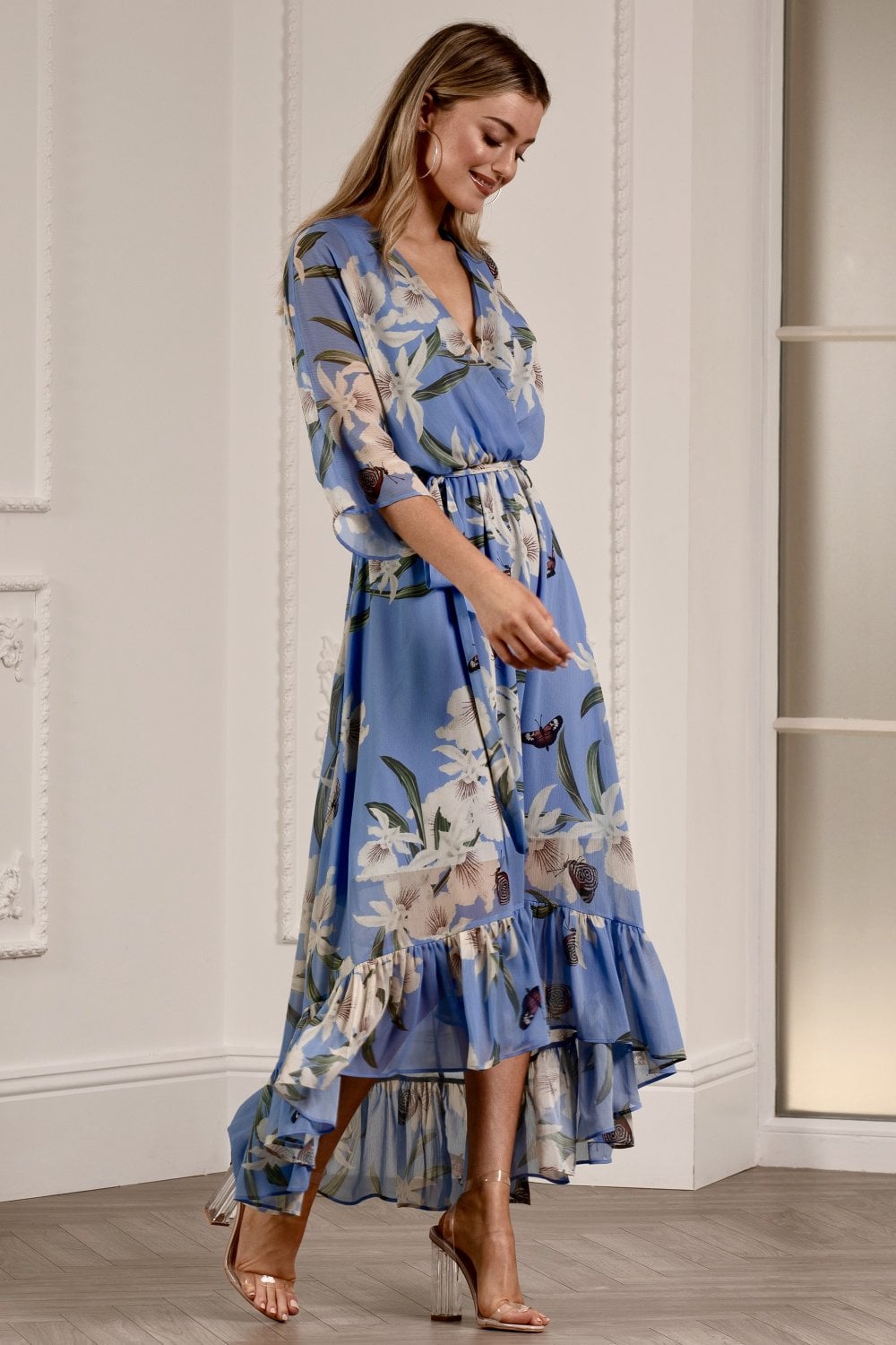 Light Blue Floral Kimono Sleeves Dip Hem Wrap Midi Dress Yumi