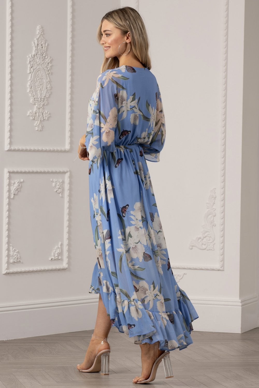 Light Blue Floral Kimono Sleeves Dip Hem Wrap Midi Dress Yumi