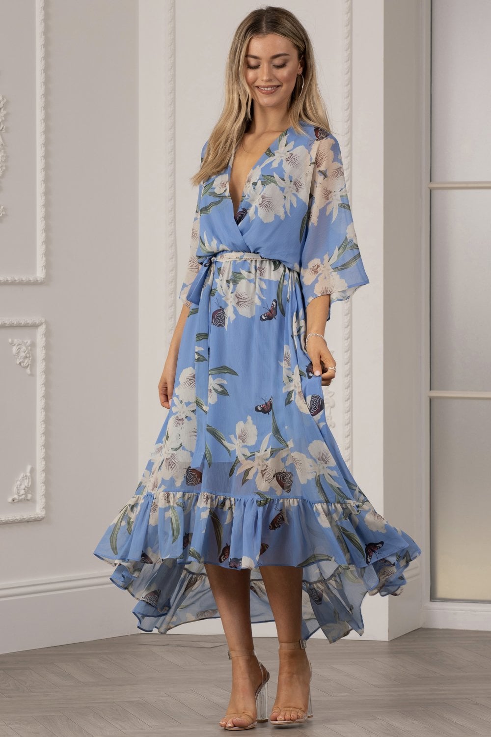 Light Blue Floral Kimono Sleeves Dip Hem Wrap Midi Dress Yumi