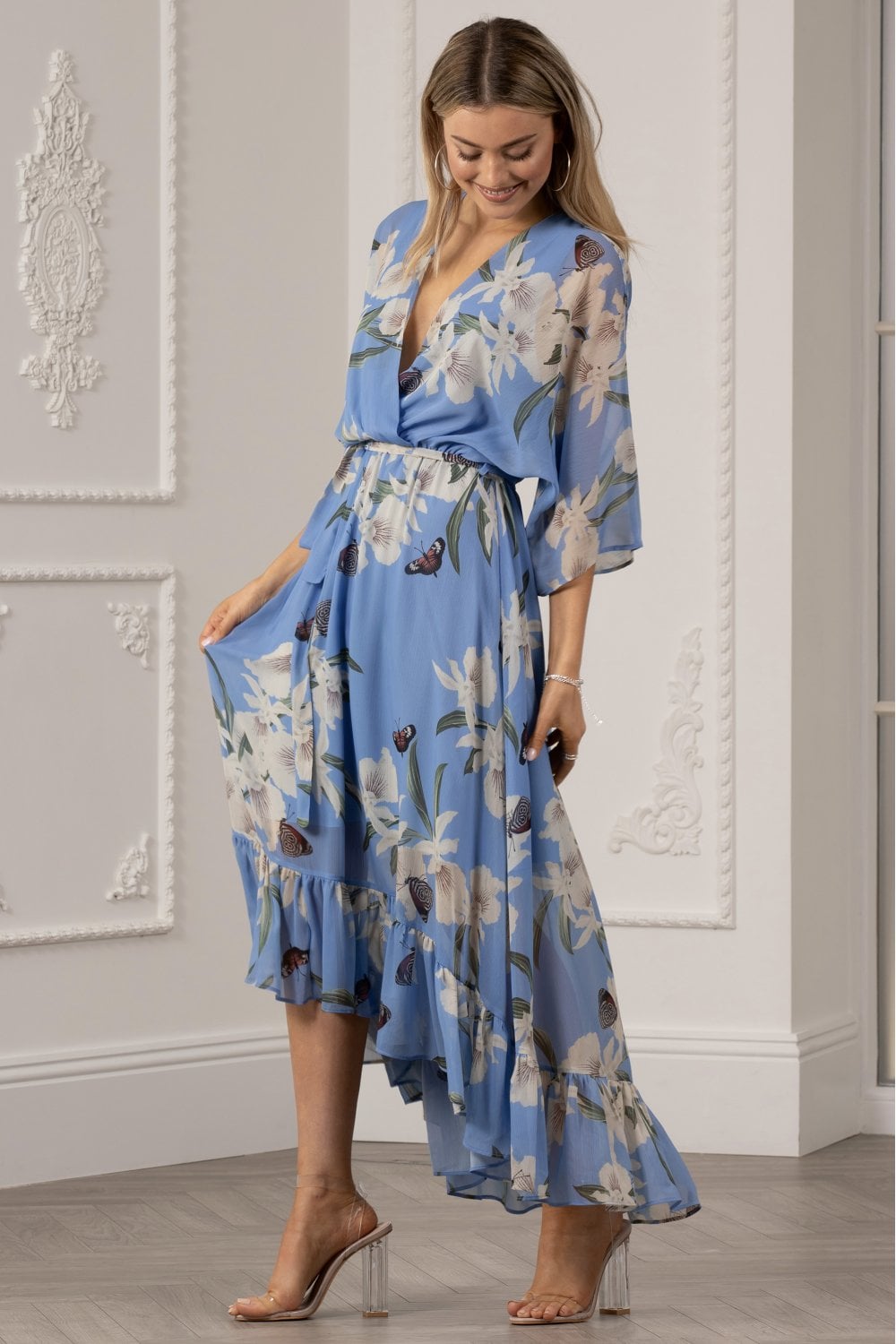 Light Blue Floral Kimono Sleeves Dip Hem Wrap Midi Dress Yumi