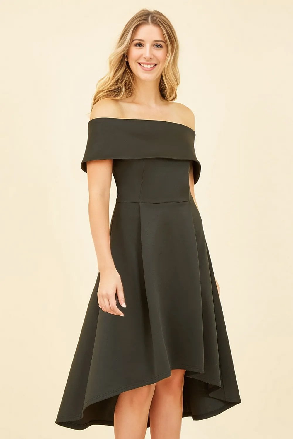 Mela Black Bardot Dipped Hem Dress Mela