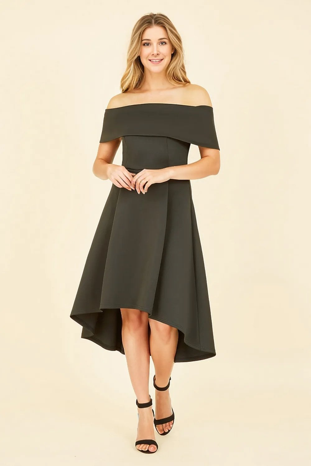 Mela Black Bardot Dipped Hem Dress Mela