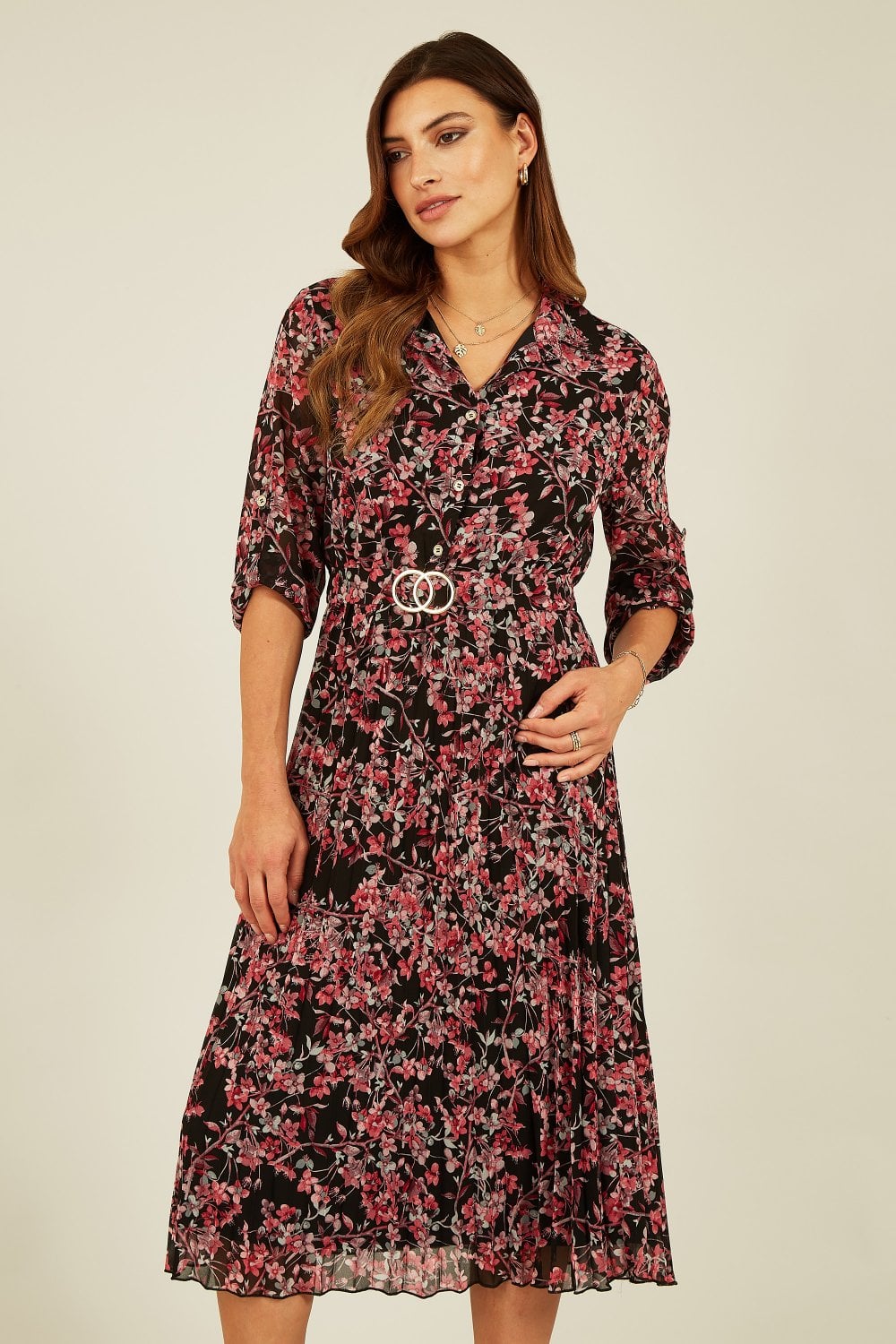 Mela Black Blossom Print Pleated Midi Dress Mela