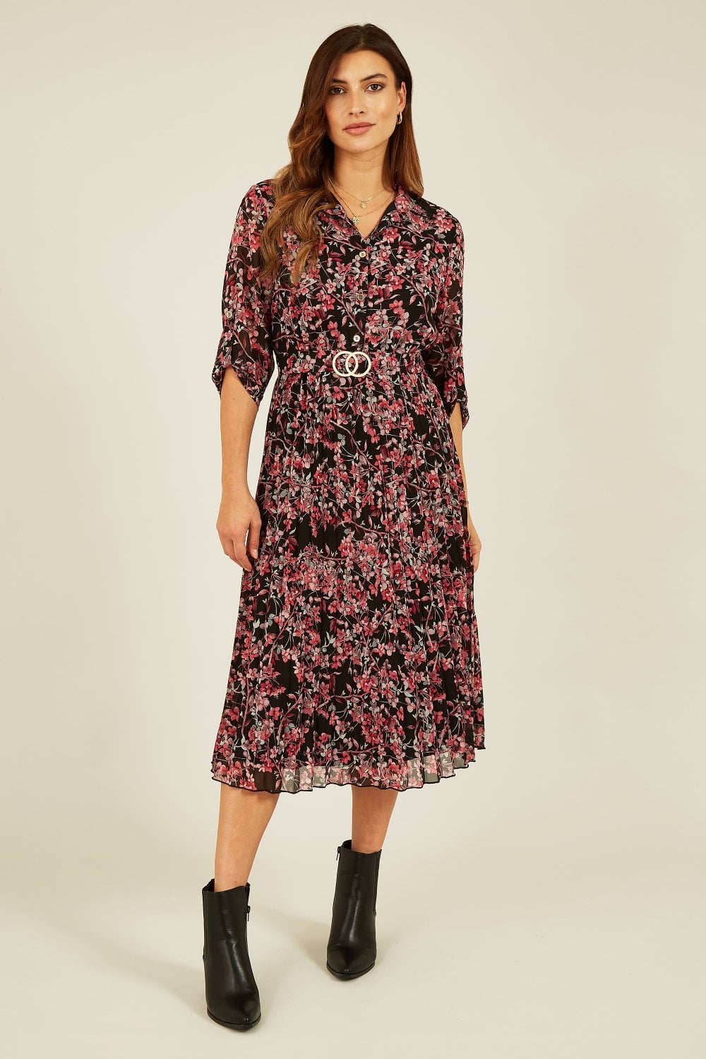 Mela Black Blossom Print Pleated Midi Dress Mela