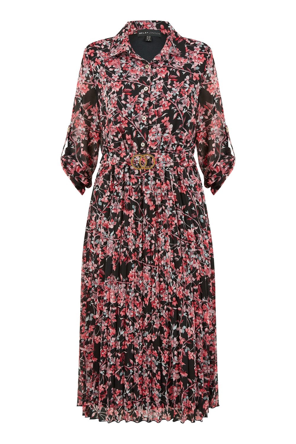 Mela Black Blossom Print Pleated Midi Dress Mela