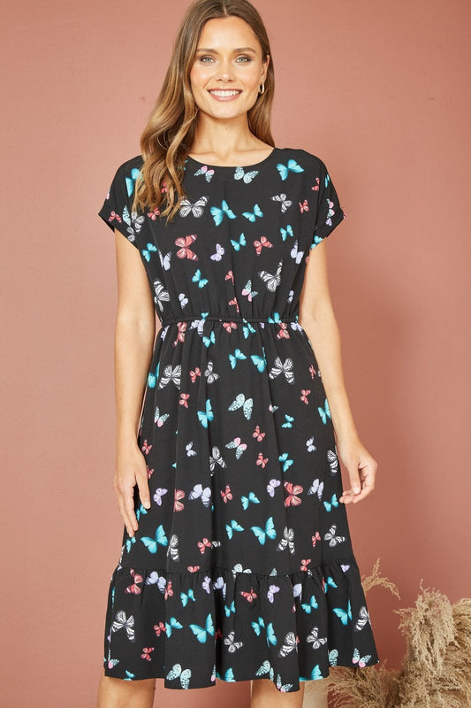 Mela Black Butterfly Print Relaxed Fit Skater Dress Mela