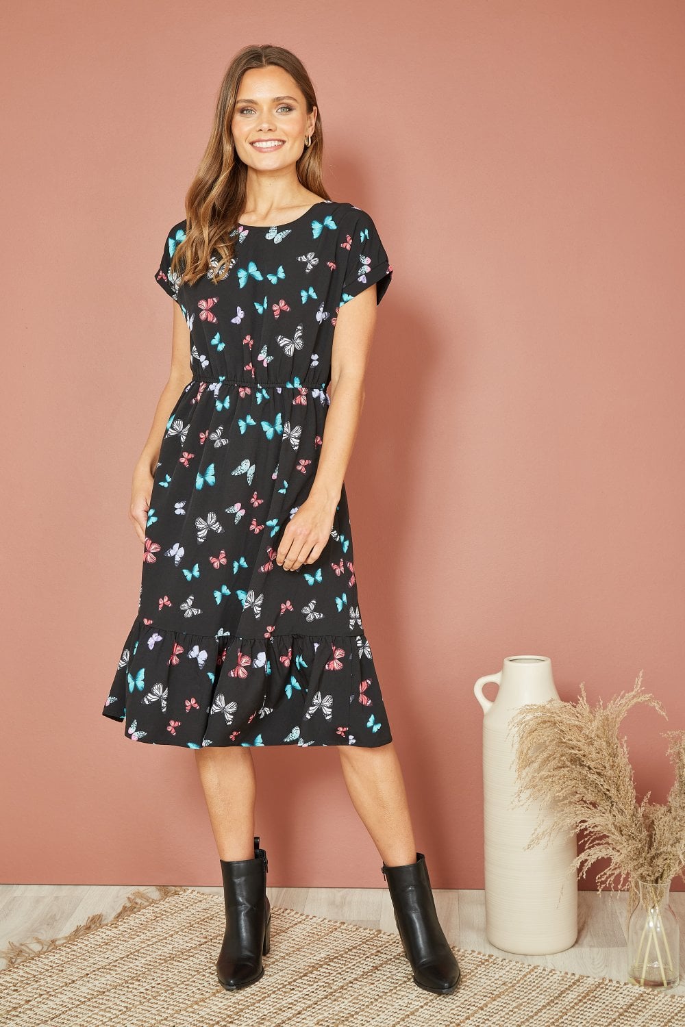 Mela Black Butterfly Print Relaxed Fit Skater Dress Mela