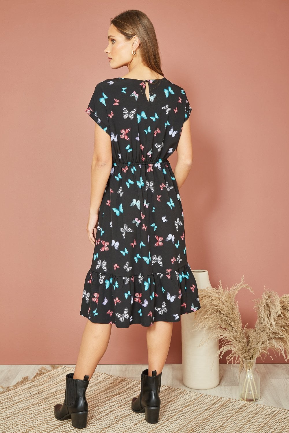 Mela Black Butterfly Print Relaxed Fit Skater Dress Mela