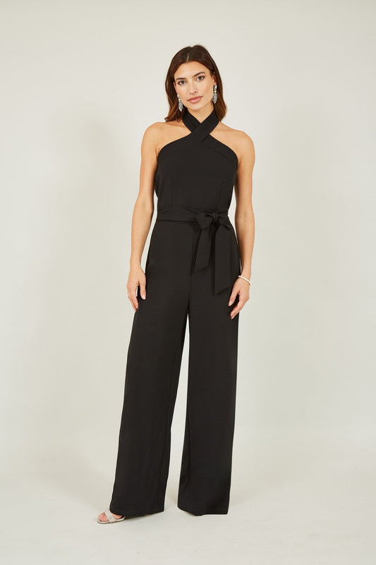 Mela Black Cross Over Halter Neck Jumpsuit Mela