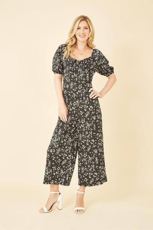 Mela Black Daisy Print Sweetheart Neckline Jumpsuit Mela