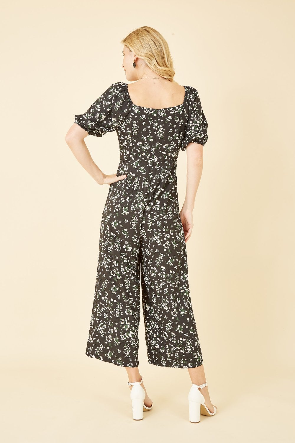 Mela Black Daisy Print Sweetheart Neckline Jumpsuit Mela