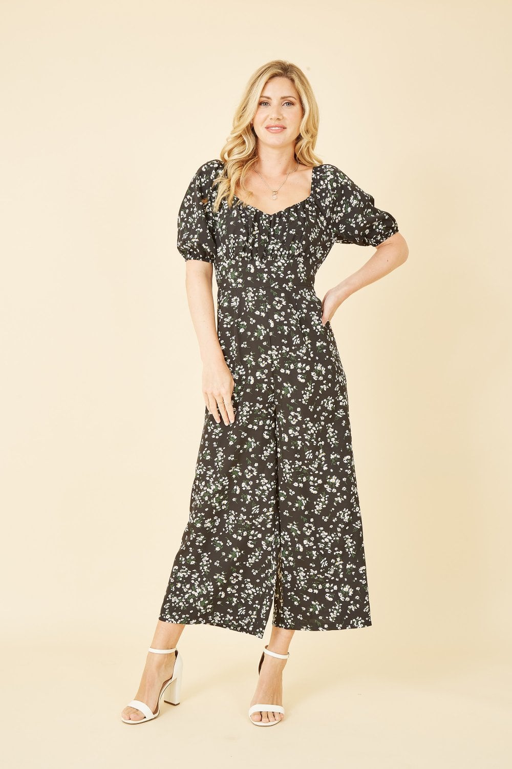 Mela Black Daisy Print Sweetheart Neckline Jumpsuit Mela