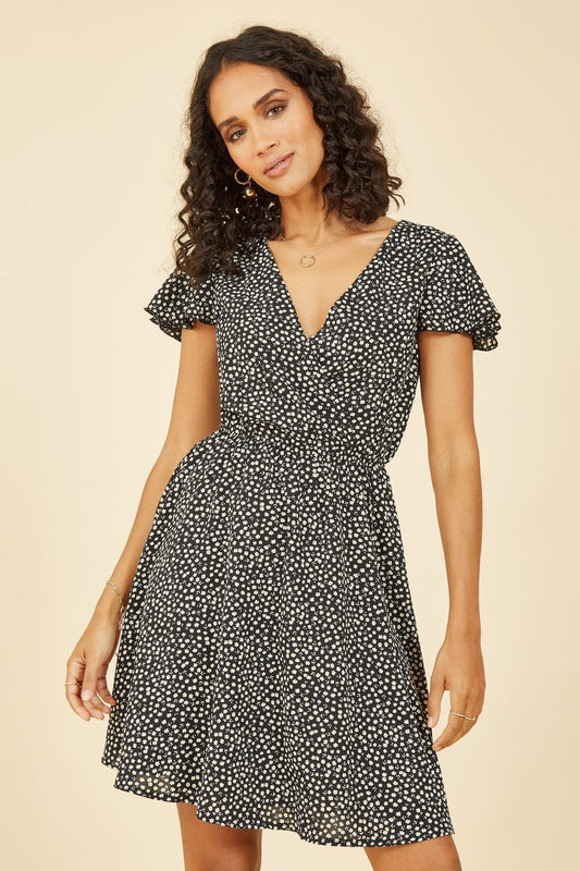 Mela Black Ditsy Daisy Print Skater Dress Mela