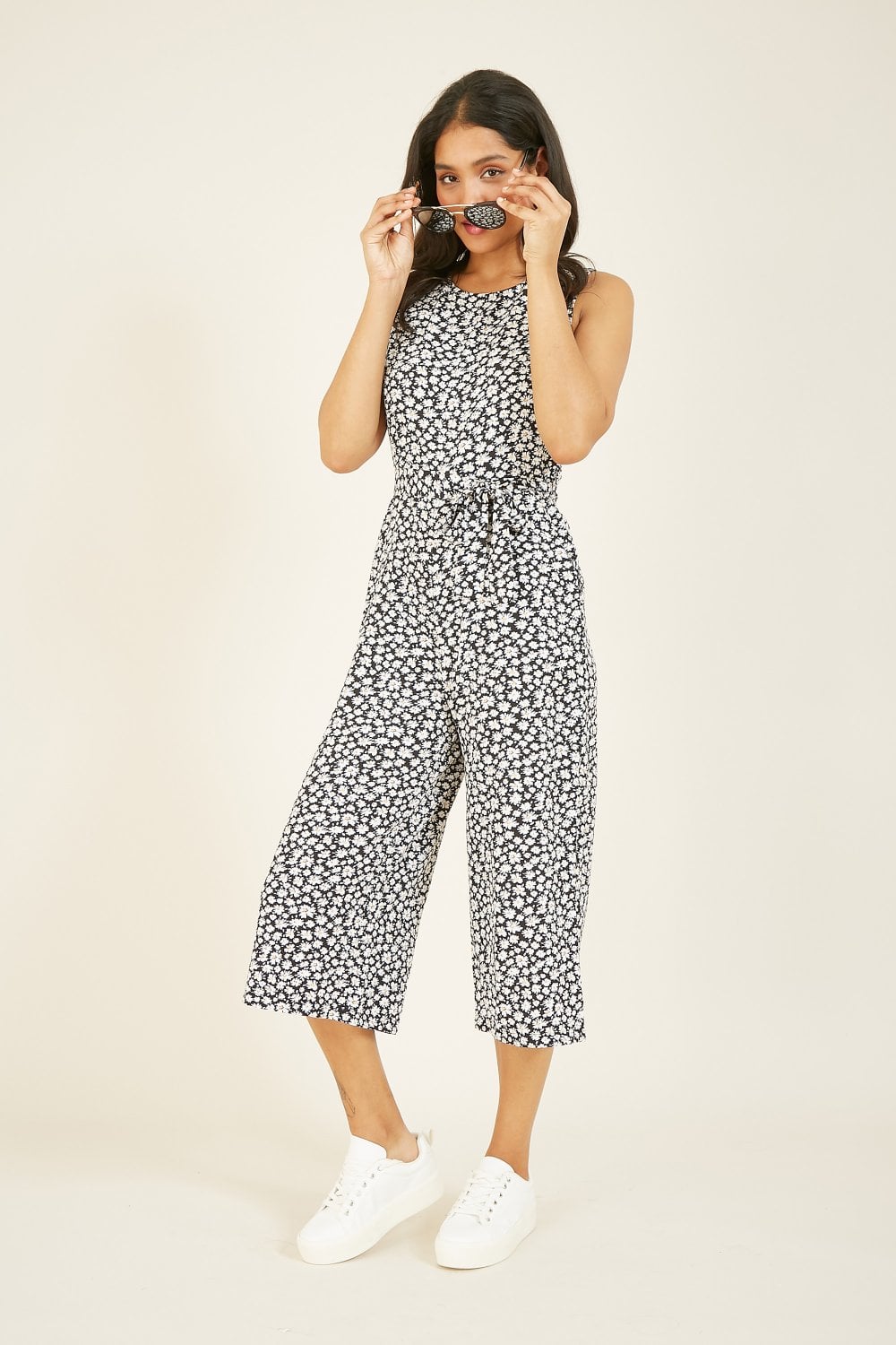 Mela Navy Ditsy Daisy Sleeveless Culotte Jumpsuit Mela