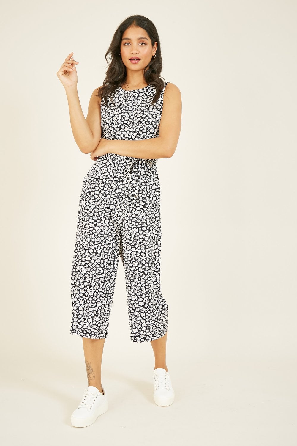 Mela Navy Ditsy Daisy Sleeveless Culotte Jumpsuit Mela