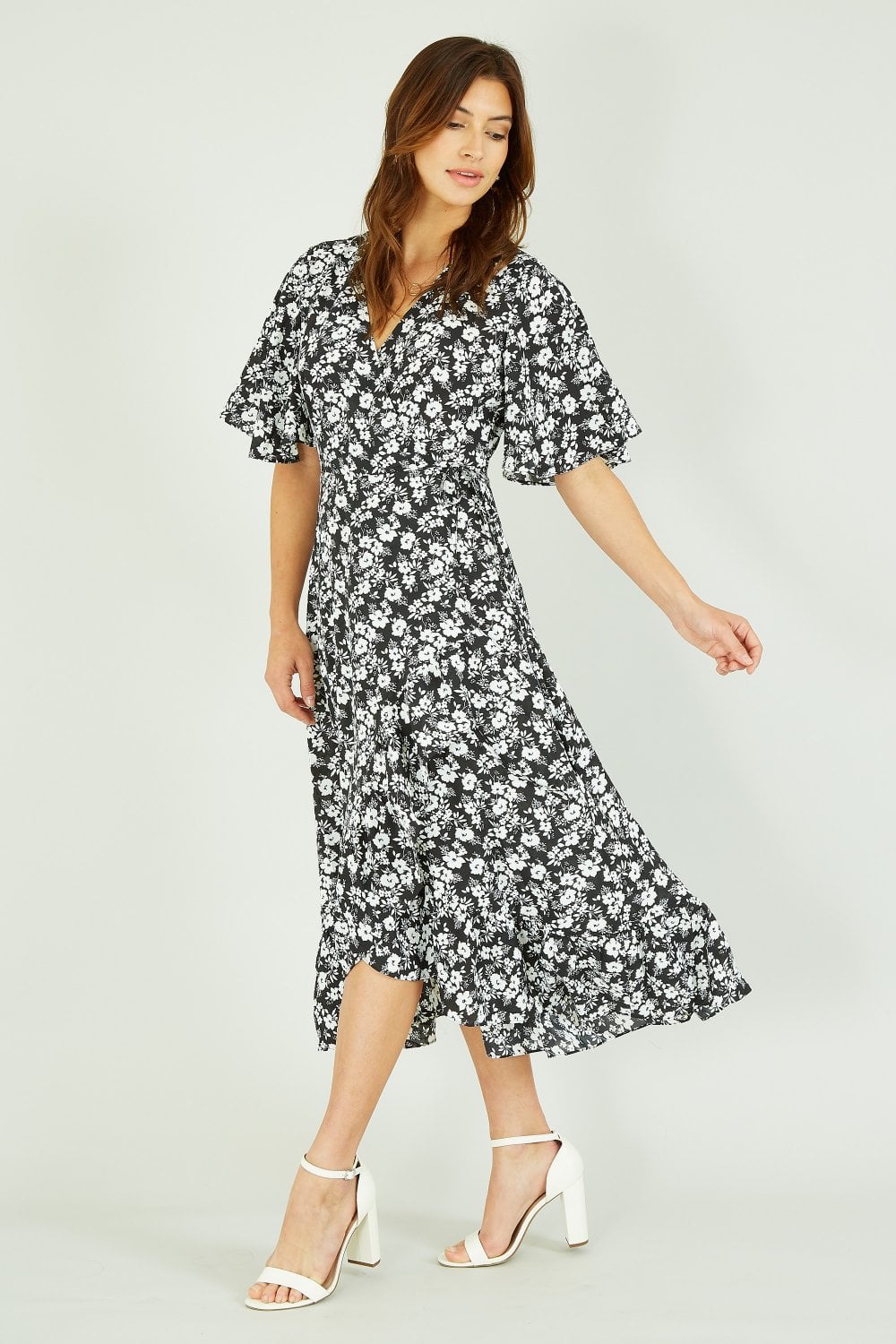 Mela Black Ditsy Daisy Wrap Effect Frill Dress Mela