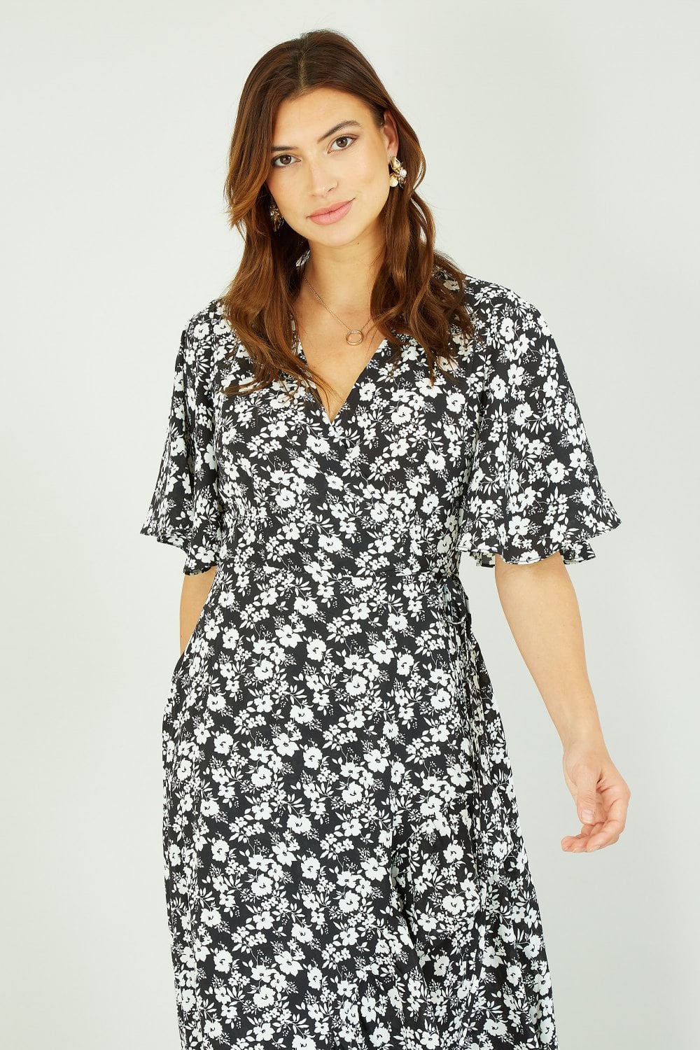 Mela Black Ditsy Daisy Wrap Effect Frill Dress Mela