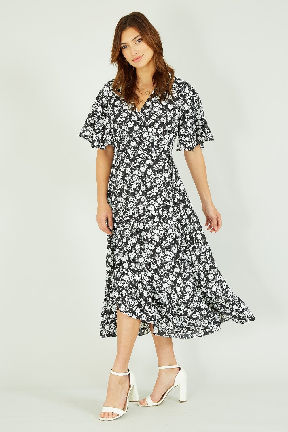 Mela Black Ditsy Daisy Wrap Effect Frill Dress Mela