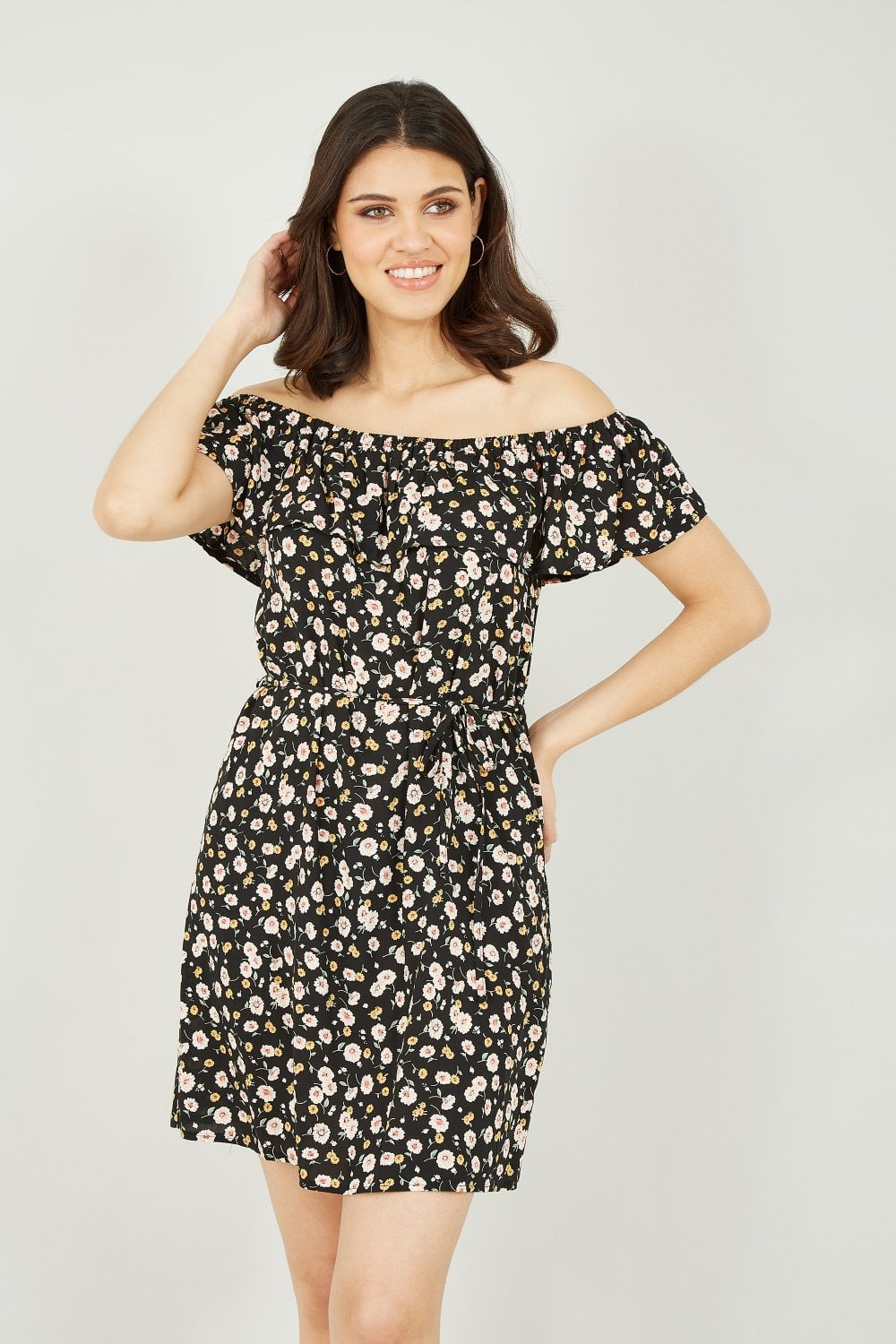 Mela Black Floral Bardot Belted Dress Yumi