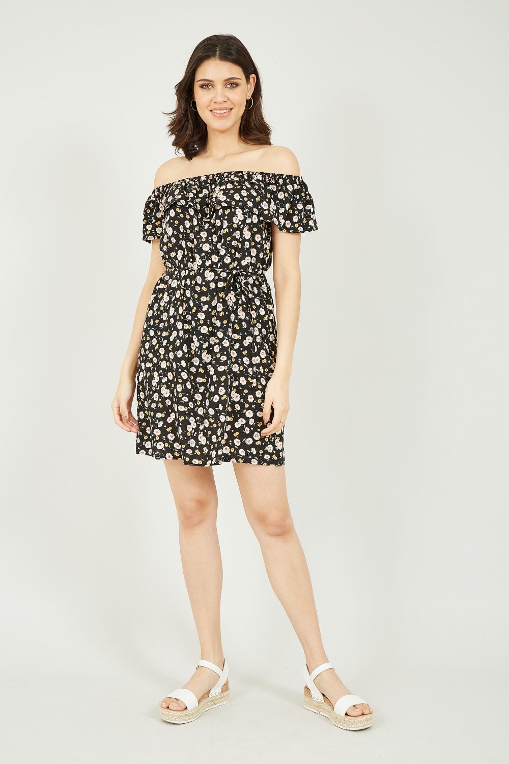 Mela Black Floral Bardot Belted Dress Yumi