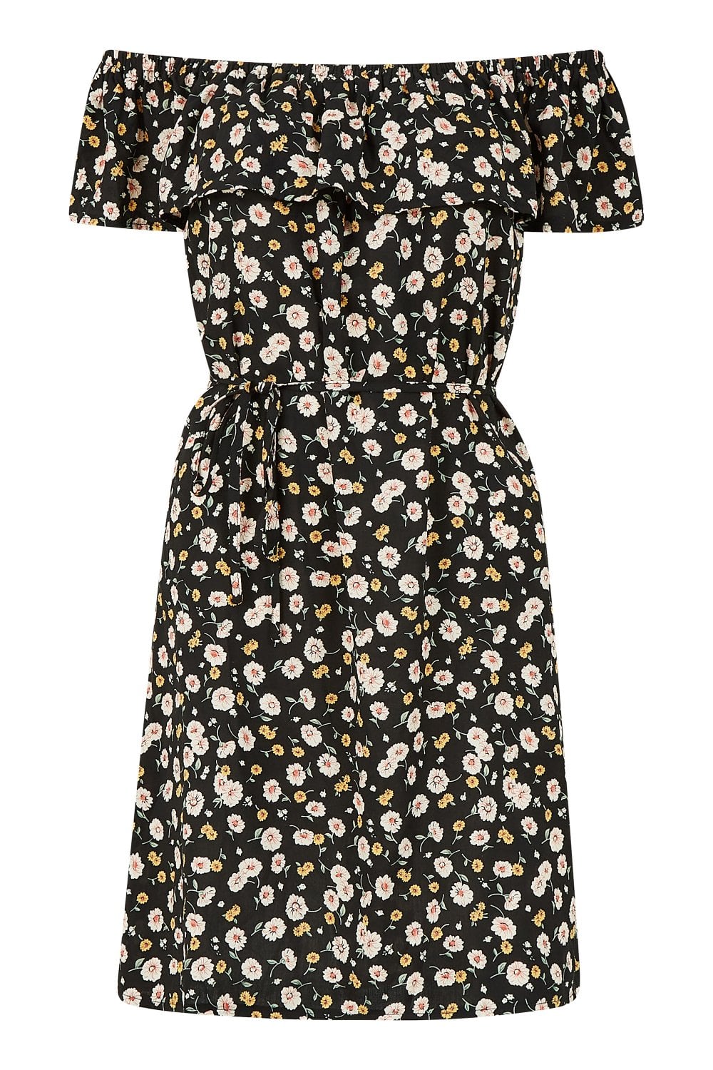 Mela Black Floral Bardot Belted Dress Yumi