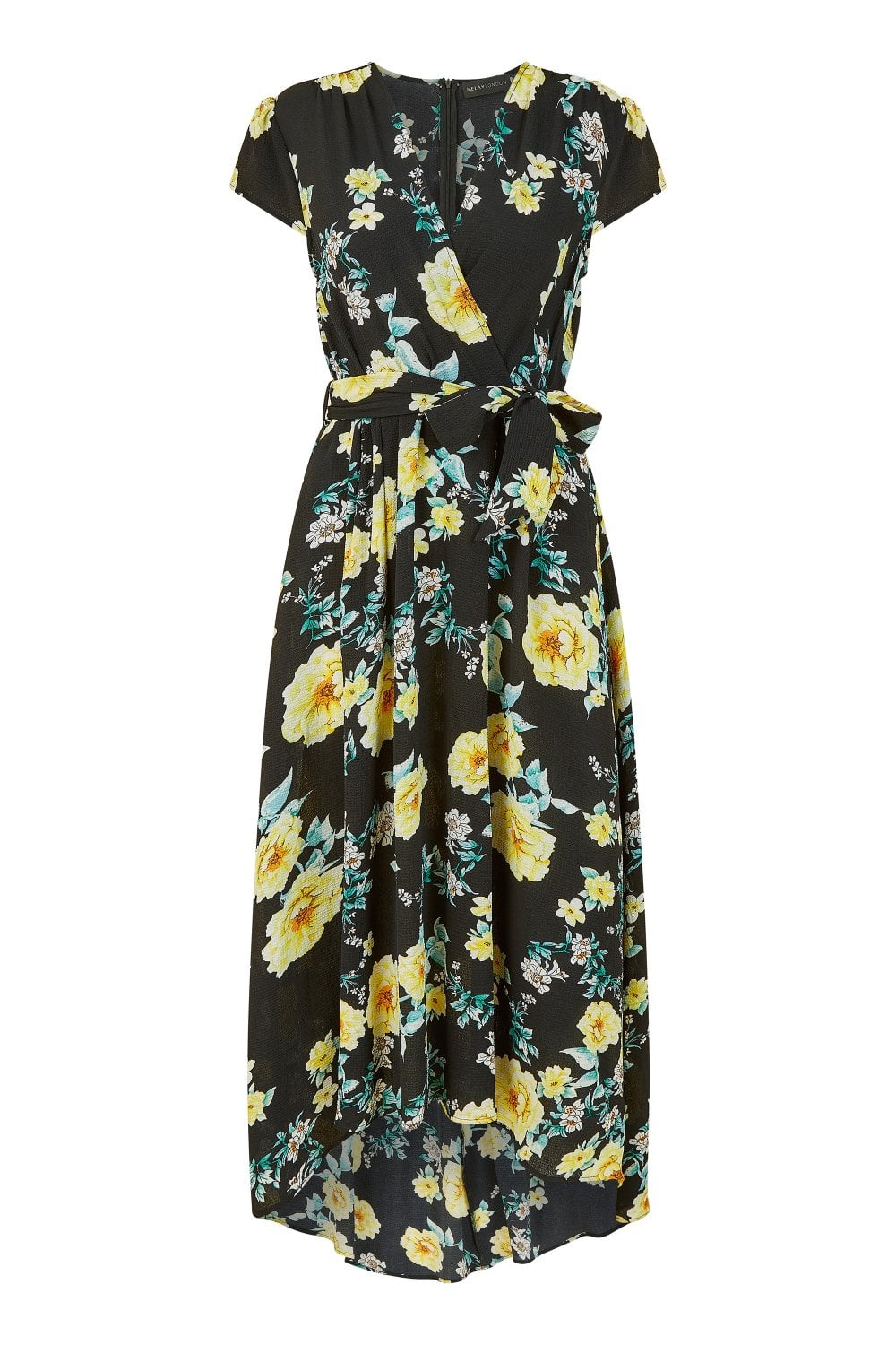 Mela Black Floral Print Dipped Hem Midi Wrap Dress Mela