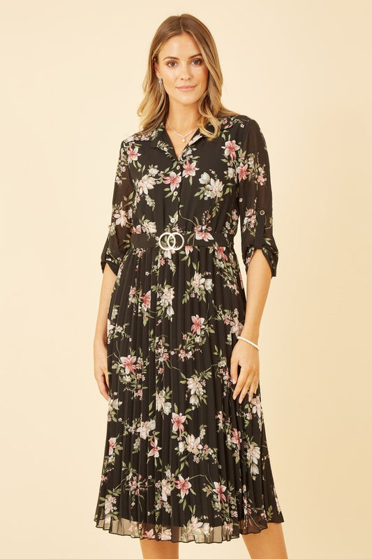 Mela Black Floral Print Midi Dress With Gold Buckle Belt Detail Yumi