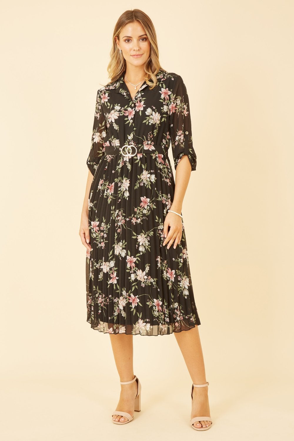 Mela Black Floral Print Midi Dress With Gold Buckle Belt Detail Yumi