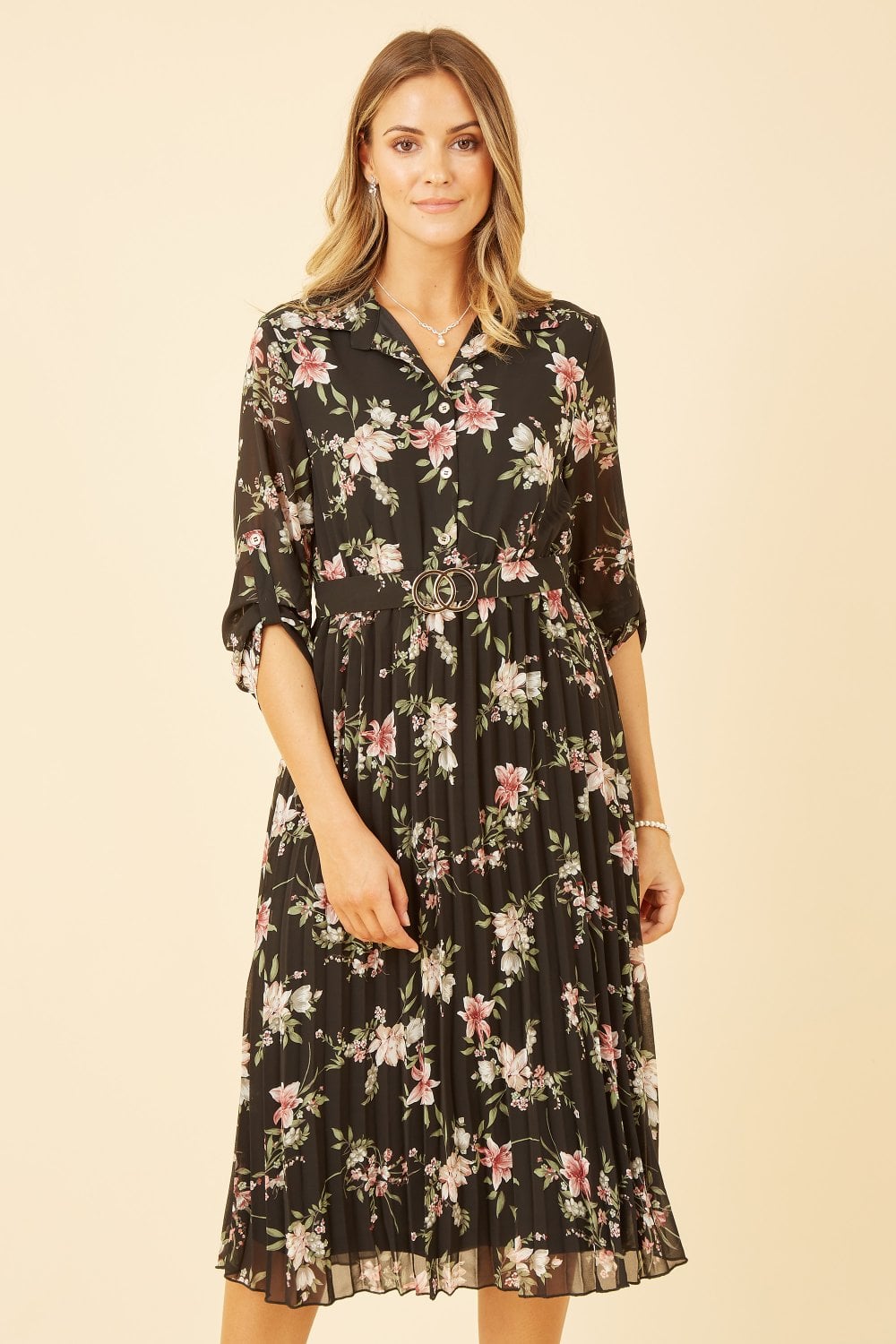 Mela Black Floral Print Midi Dress With Gold Buckle Belt Detail Yumi