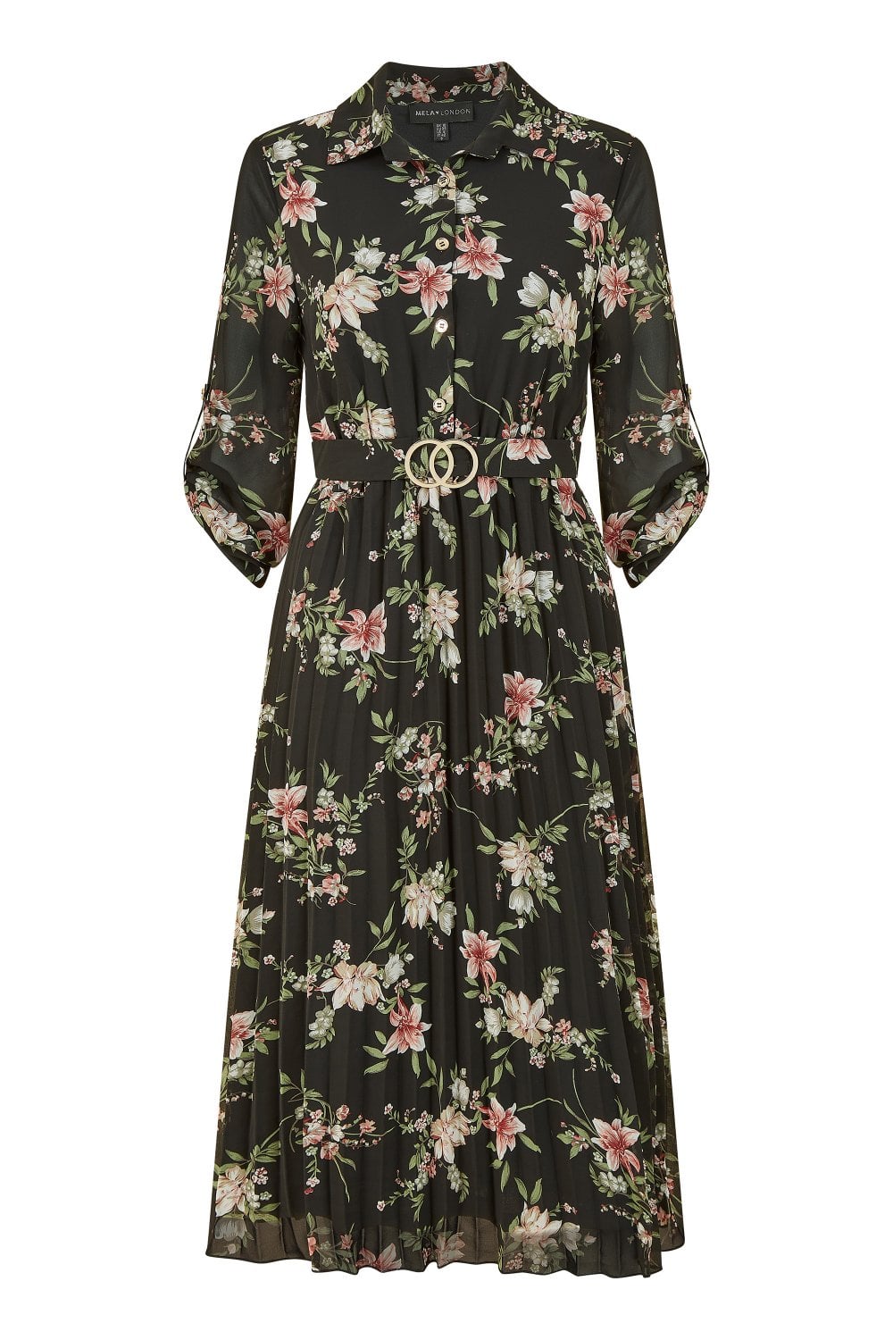 Mela Black Floral Print Midi Dress With Gold Buckle Belt Detail Yumi