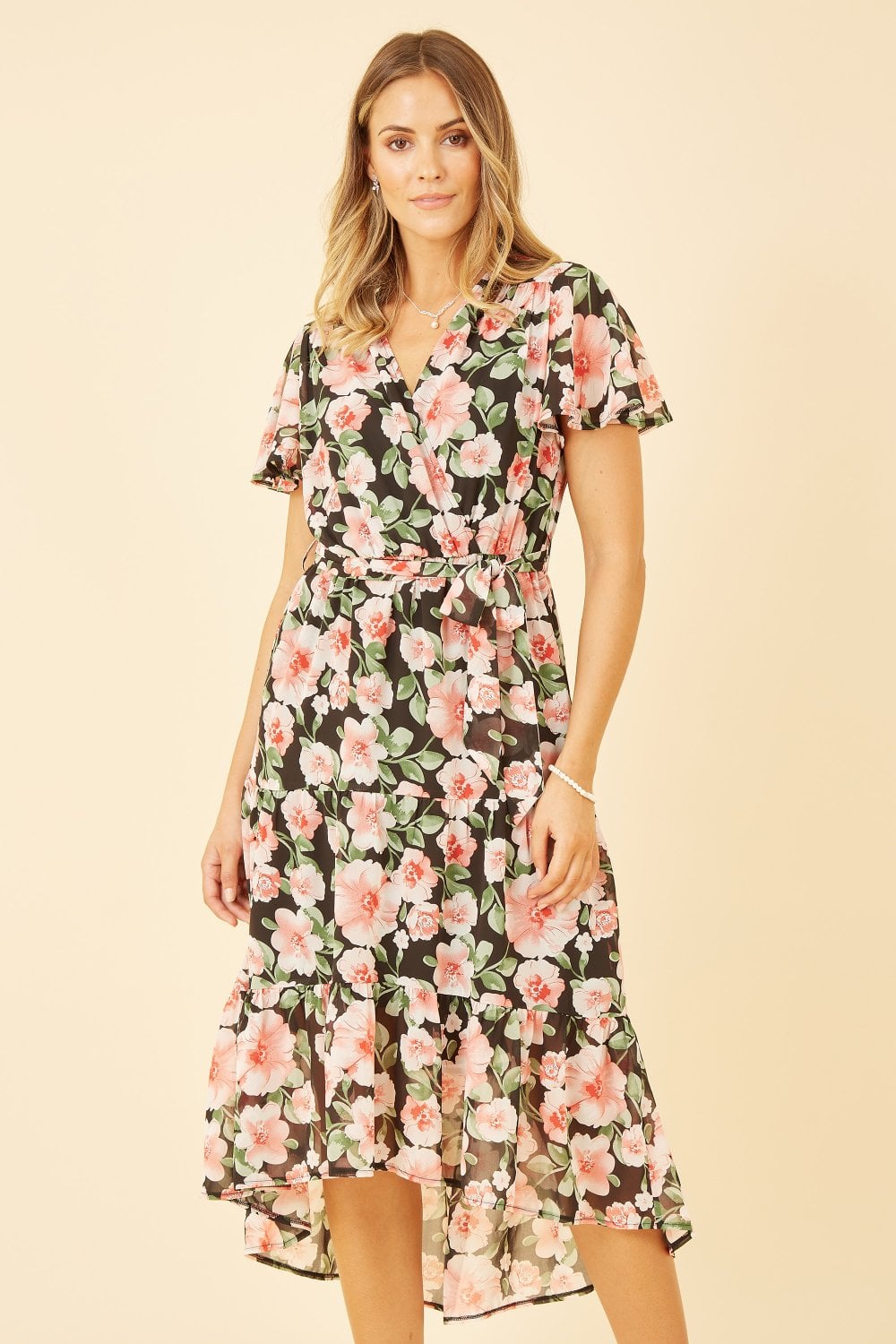 Mela Black Floral Wrap Dress With Tiered Dipped Hem Mela