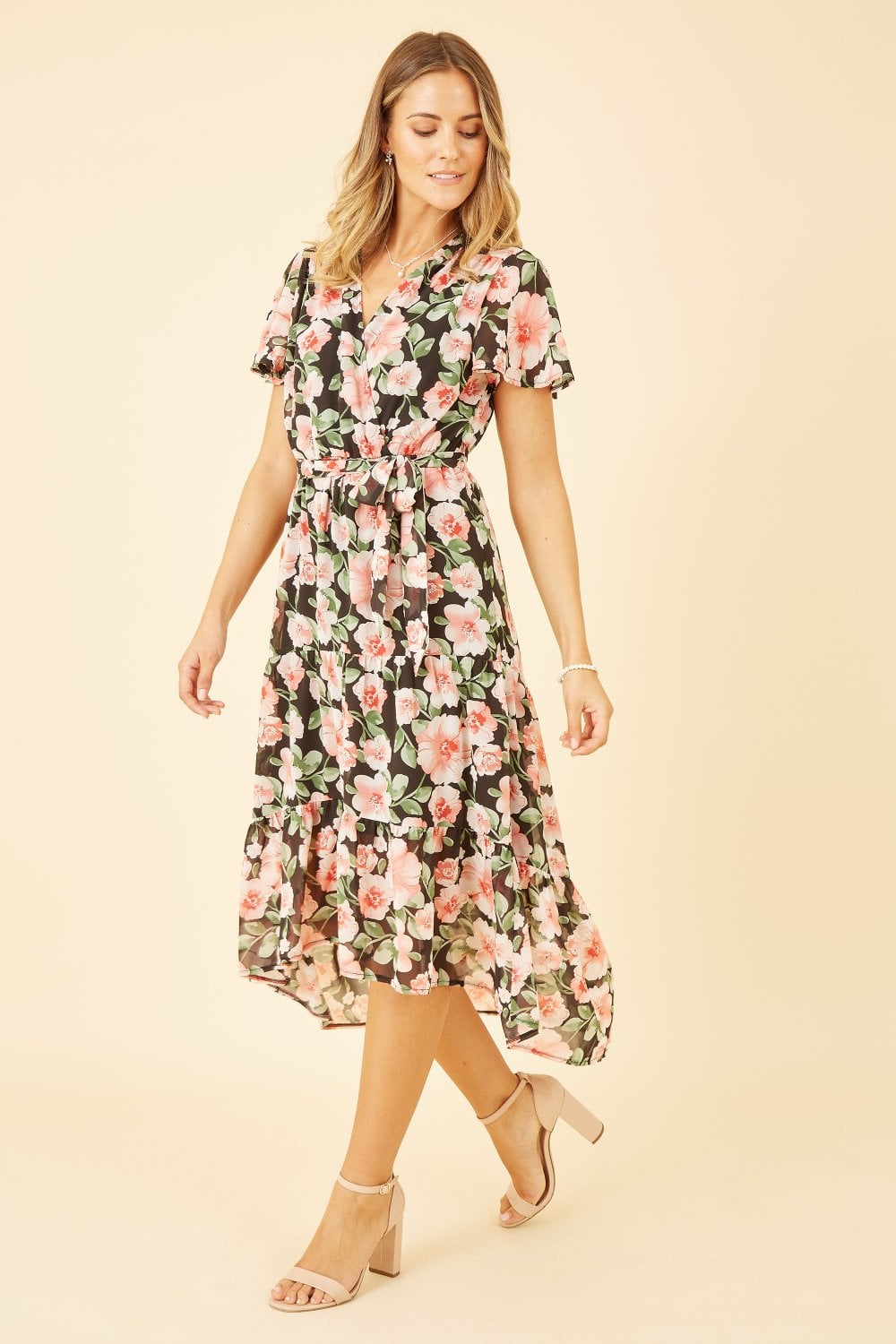 Mela Black Floral Wrap Dress With Tiered Dipped Hem Mela