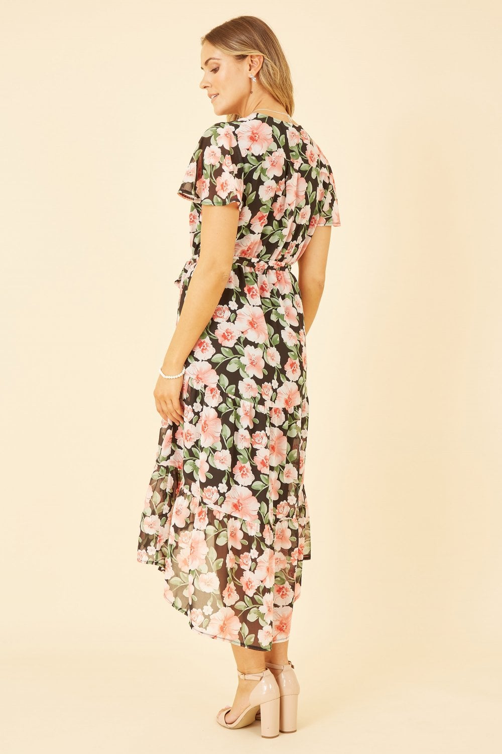 Mela Black Floral Wrap Dress With Tiered Dipped Hem Mela