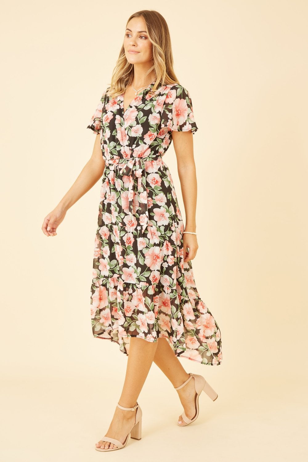 Mela Black Floral Wrap Dress With Tiered Dipped Hem Mela