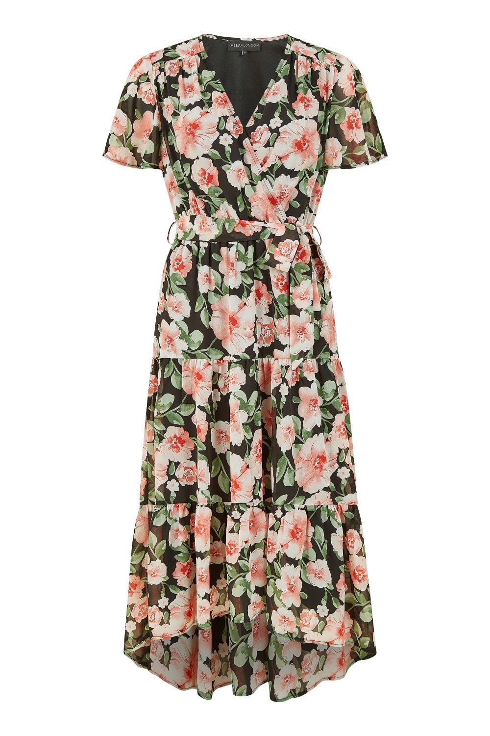 Mela Black Floral Wrap Dress With Tiered Dipped Hem Mela