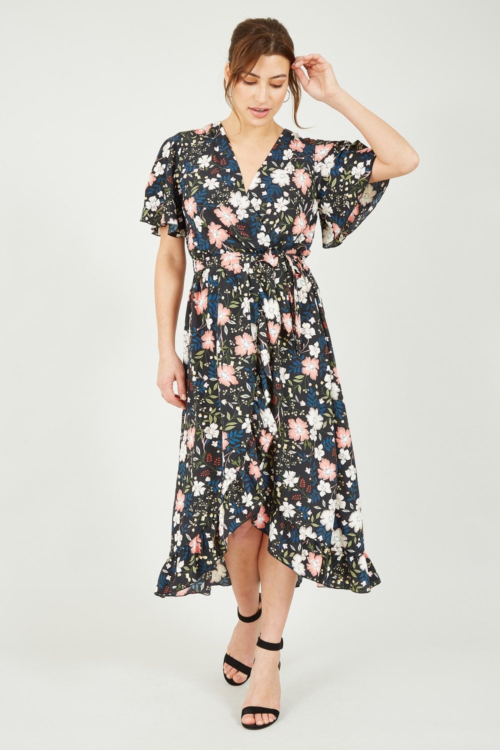 Mela Black Floral Wrap Front Midi Dress Yumi