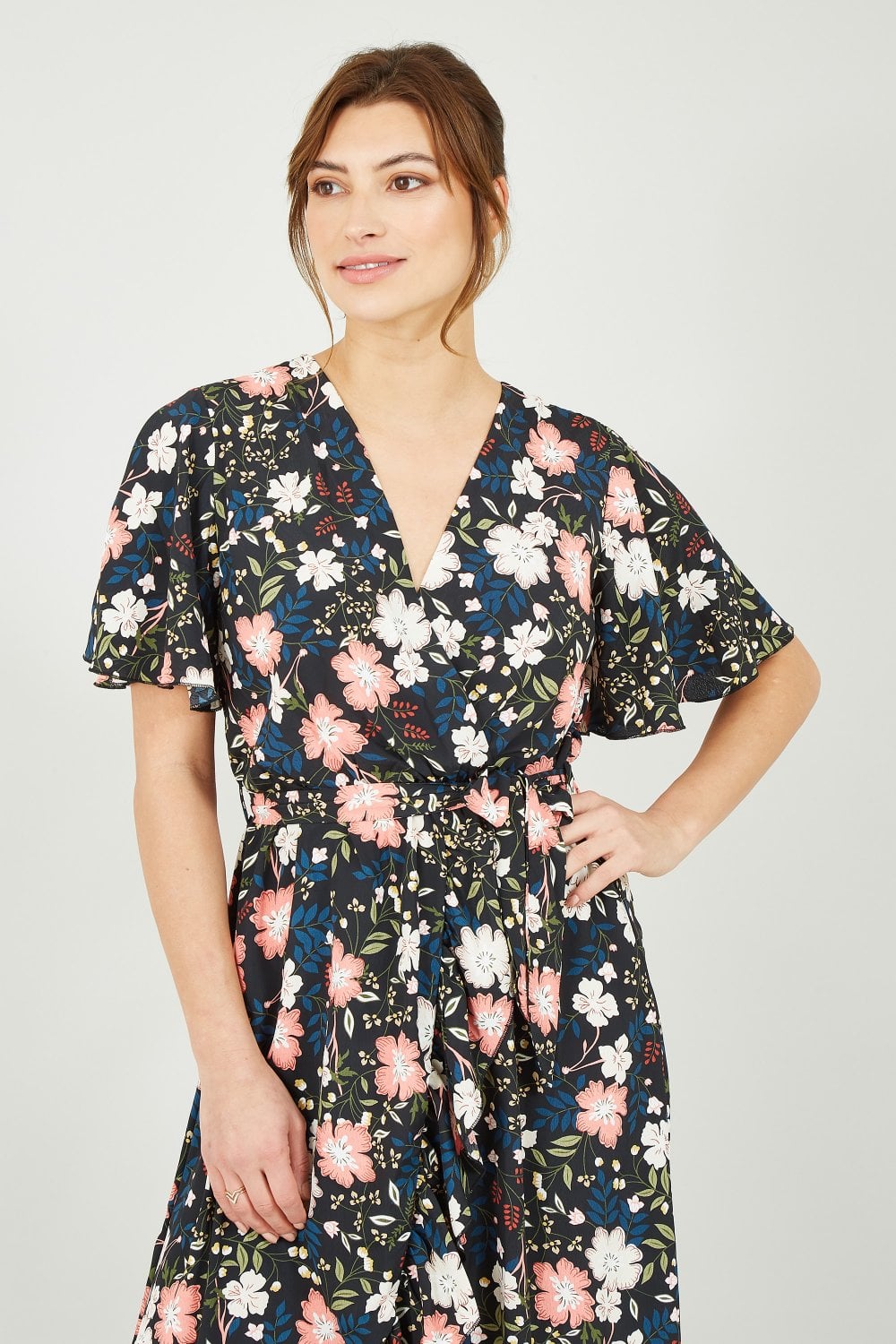 Mela Black Floral Wrap Front Midi Dress Yumi