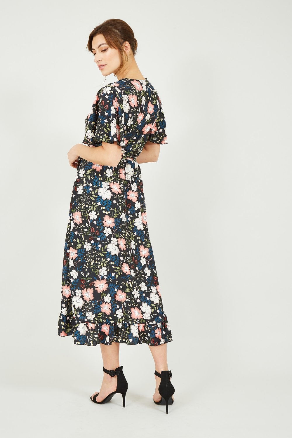 Mela Black Floral Wrap Front Midi Dress Yumi