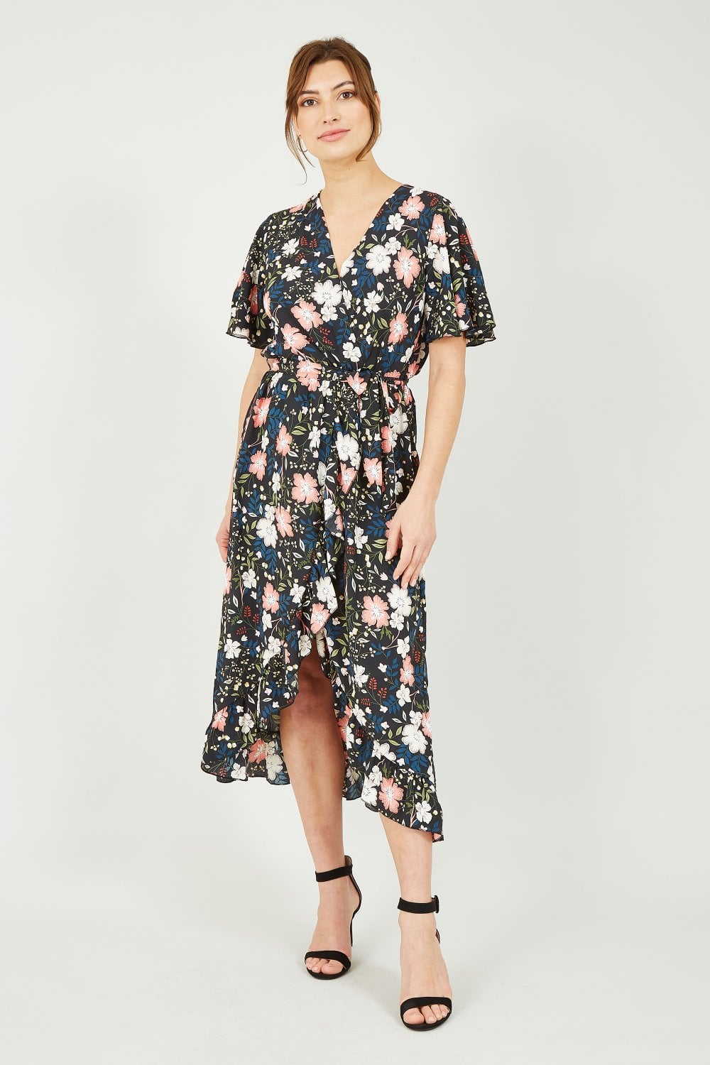 Mela Black Floral Wrap Front Midi Dress Yumi