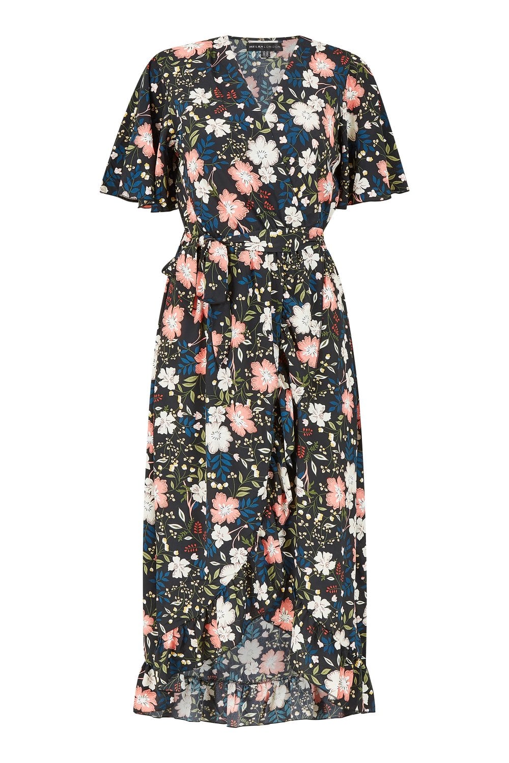 Mela Black Floral Wrap Front Midi Dress Yumi