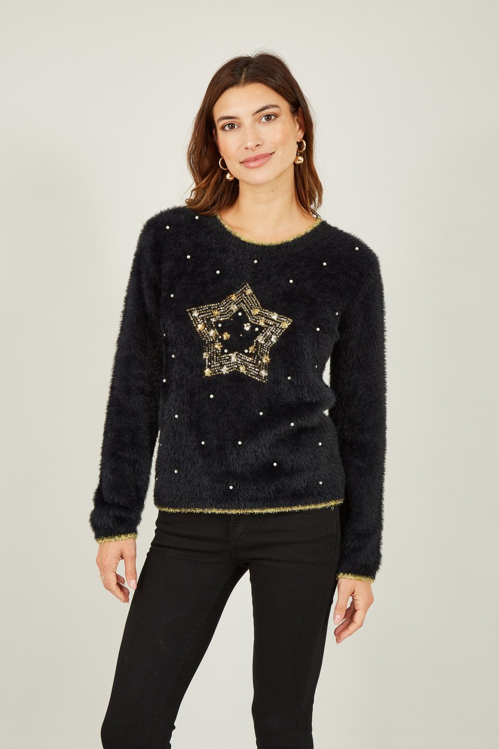 Mela Black Fluffy Star Christmas Jumper Mela